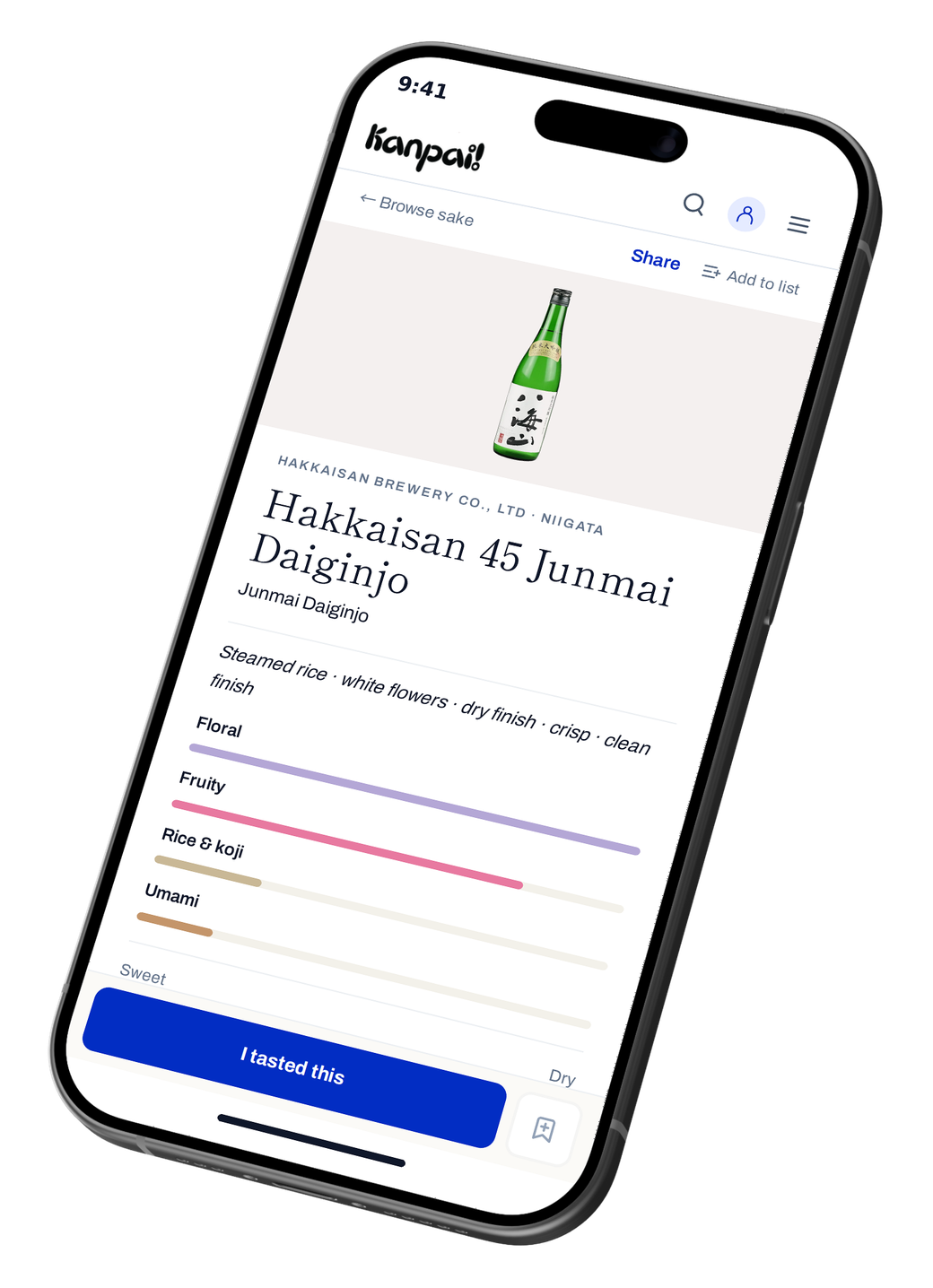 Kanpai app showing Hakkaisan 45 Junmai Daiginjo